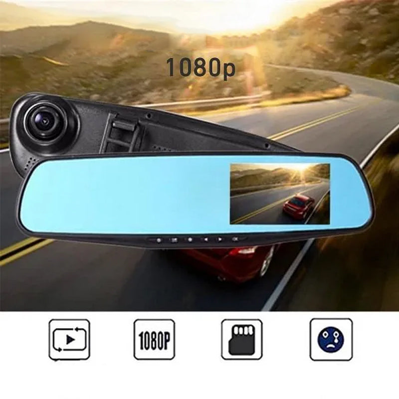 1080P Full HD bilkamera med dubbla linser, vidvinkelvy, svart design, säkerhetsövervakning för fordon.