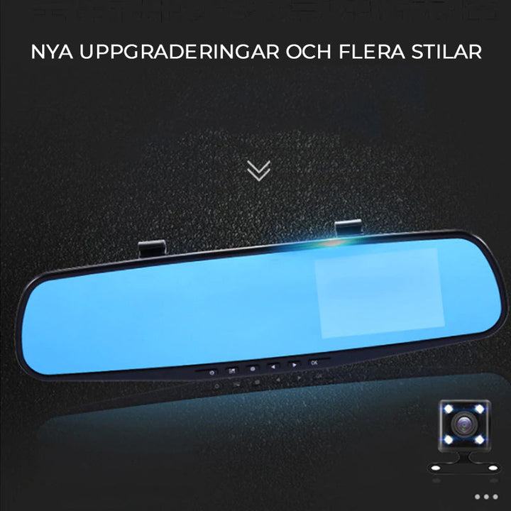 1080P Full HD bilkamera med dubbla linser, vidvinkelvy, svart design, säkerhetsövervakning för fordon.