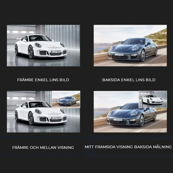 1080P Full HD bilkamera med dubbla linser, vidvinkelvy, svart design, säkerhetsövervakning för fordon.