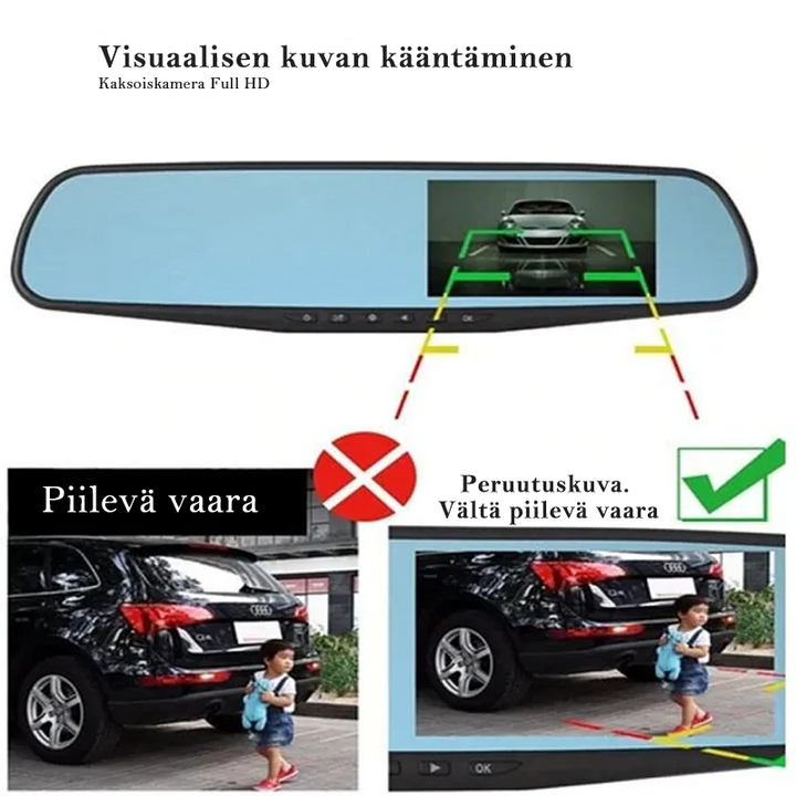 1080P Full HD bilkamera med dubbla linser, vidvinkelvy, svart design, säkerhetsövervakning för fordon.
