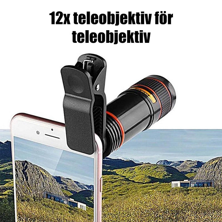 "12X telefonkameralins med kraftig zoom, silver och svart, monterad på smartphone för förbättrad bildkvalitet"