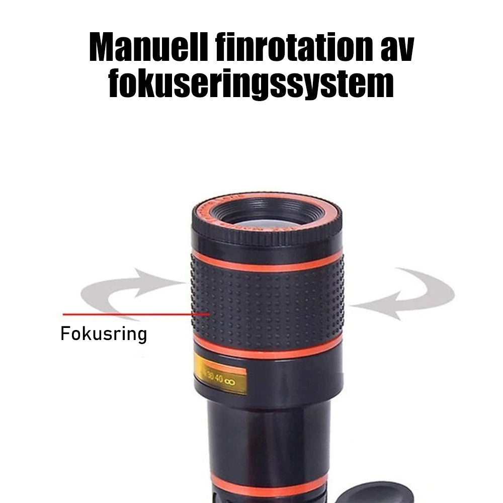 "12X telefonkameralins med kraftig zoom, silver och svart, monterad på smartphone för förbättrad bildkvalitet"