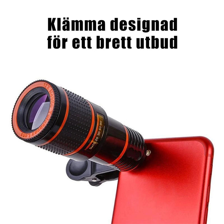"12X telefonkameralins med kraftig zoom, silver och svart, monterad på smartphone för förbättrad bildkvalitet"