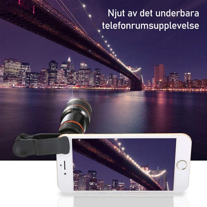 "12X telefonkameralins med kraftig zoom, silver och svart, monterad på smartphone för förbättrad bildkvalitet"