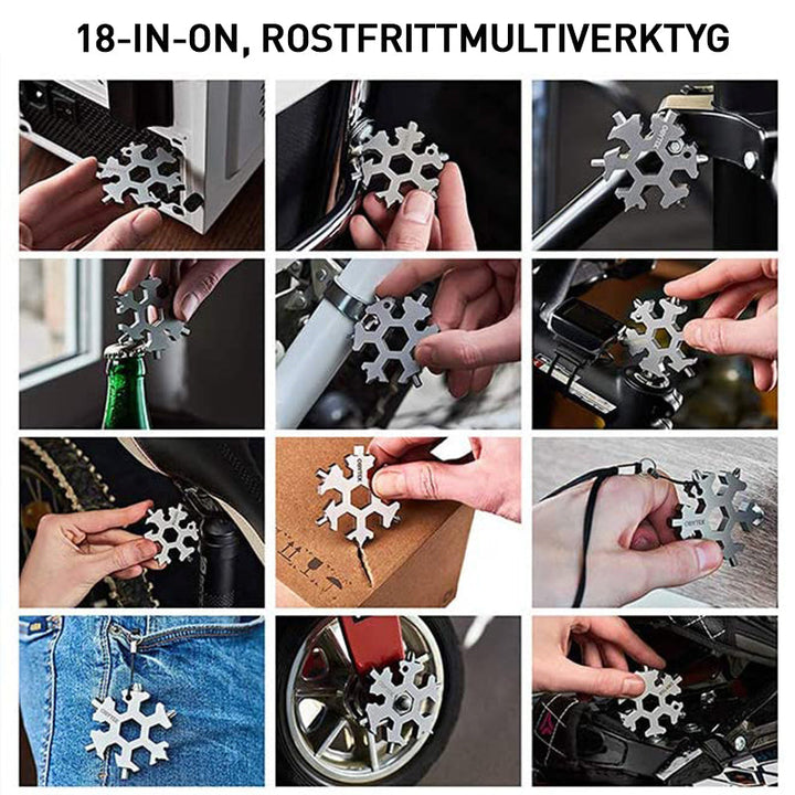 "18-i-1 snöflinga multiverktyg i rostfritt stål, kompakt, hållbart med silverfärgad yta, design för DIY och trädgård"