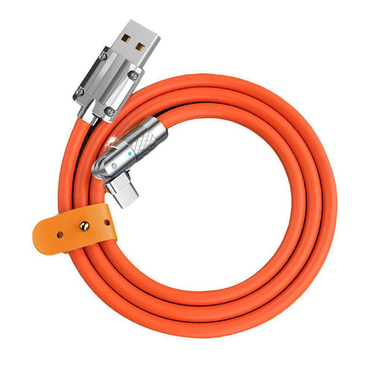 "180° roterbar snabbladdningskabel för telefon i blå, svart eller orange med hållbart zinklegeringshuvud och gummihölje."