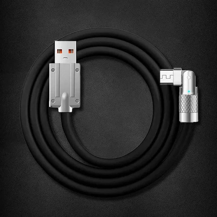 "180° roterbar snabbladdningskabel för telefon i blå, svart eller orange med hållbart zinklegeringshuvud och gummihölje."