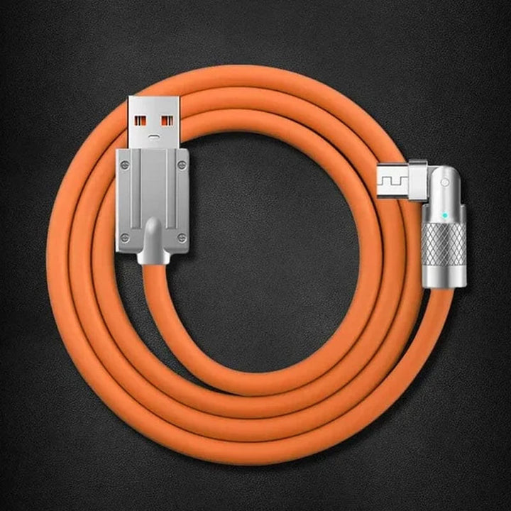 "180° roterbar snabbladdningskabel för telefon i blå, svart eller orange med hållbart zinklegeringshuvud och gummihölje."