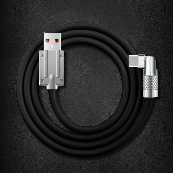 "180° roterbar snabbladdningskabel för telefon i blå, svart eller orange med hållbart zinklegeringshuvud och gummihölje."