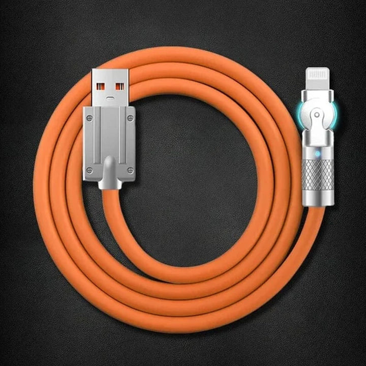 "180° roterbar snabbladdningskabel för telefon i blå, svart eller orange med hållbart zinklegeringshuvud och gummihölje."