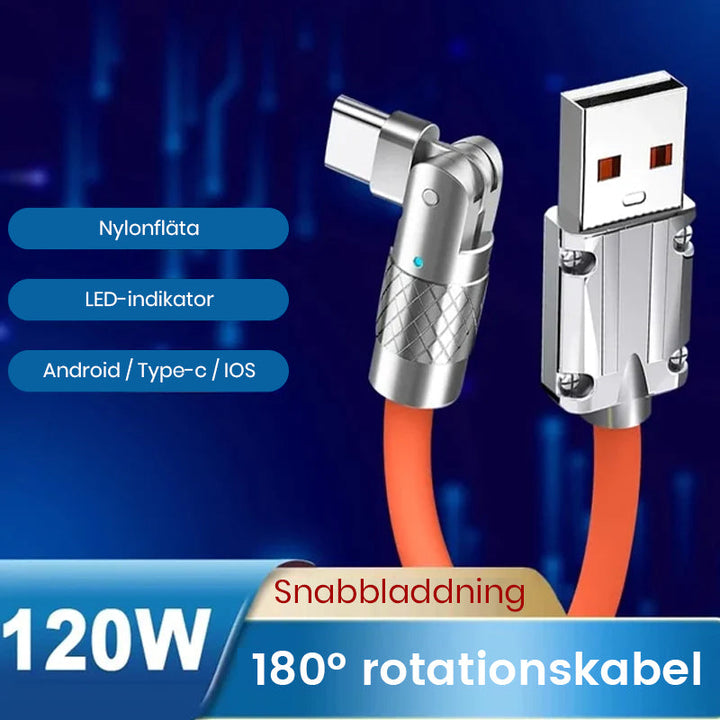 "180° roterbar snabbladdningskabel för telefon i blå, svart eller orange med hållbart zinklegeringshuvud och gummihölje."