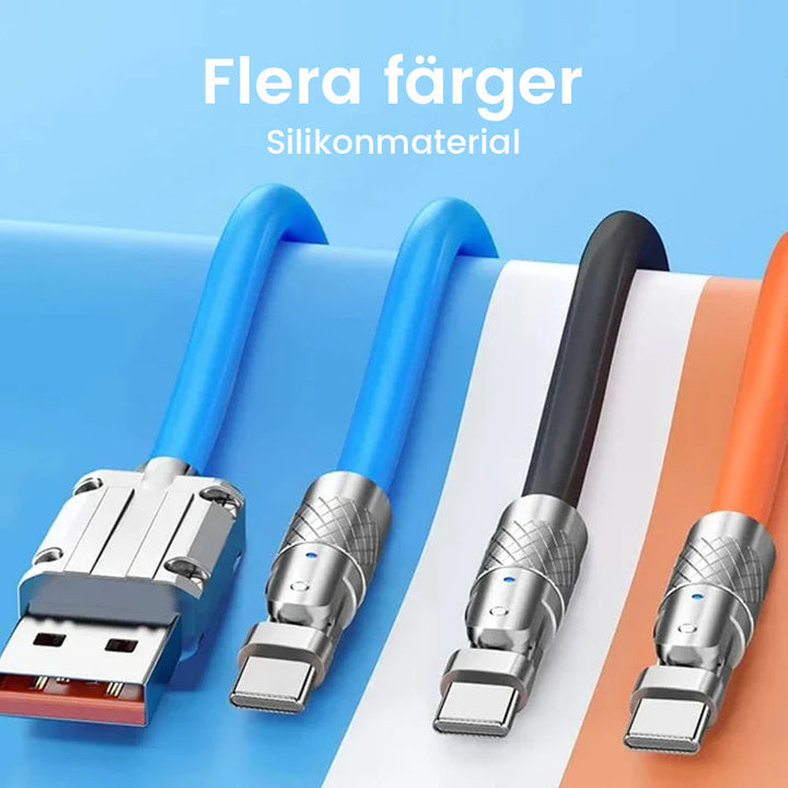 "180° roterbar snabbladdningskabel för telefon i blå, svart eller orange med hållbart zinklegeringshuvud och gummihölje."