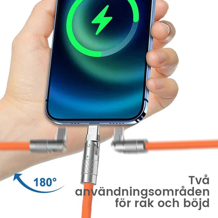 "180° roterbar snabbladdningskabel för telefon i blå, svart eller orange med hållbart zinklegeringshuvud och gummihölje."