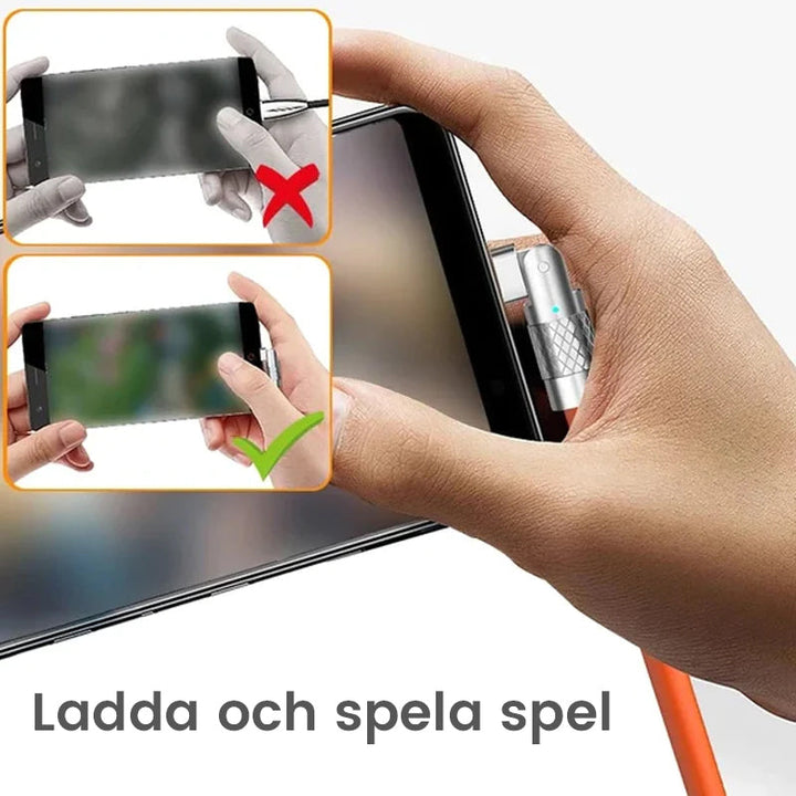 "180° roterbar snabbladdningskabel för telefon i blå, svart eller orange med hållbart zinklegeringshuvud och gummihölje."