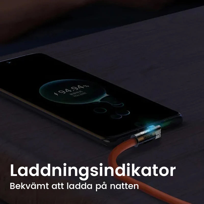 "180° roterbar snabbladdningskabel för telefon i blå, svart eller orange med hållbart zinklegeringshuvud och gummihölje."