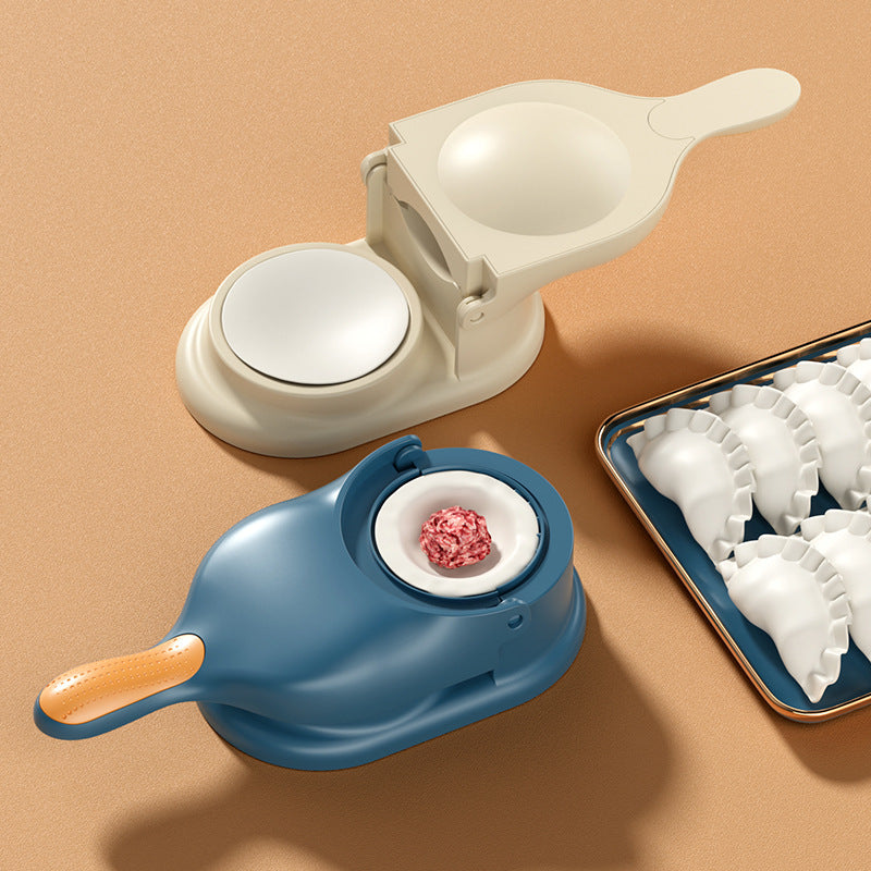 "2-i-1 dumplingsmaskin manuell tortilla press, beige plast, ergonomiskt handtag för enkel dumplings- och tortillasformning."