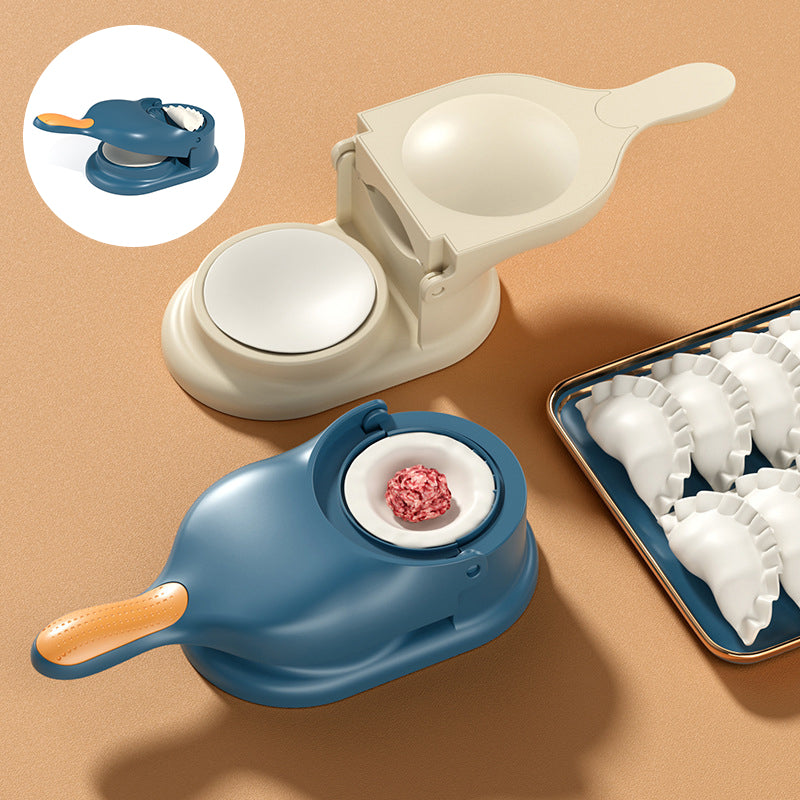"2-i-1 dumplingsmaskin manuell tortilla press, beige plast, ergonomiskt handtag för enkel dumplings- och tortillasformning."
