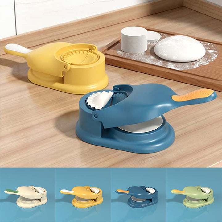 "2-i-1 dumplingsmaskin manuell tortilla press, beige plast, ergonomiskt handtag för enkel dumplings- och tortillasformning."