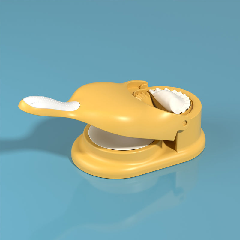 "2-i-1 dumplingsmaskin manuell tortilla press, beige plast, ergonomiskt handtag för enkel dumplings- och tortillasformning."