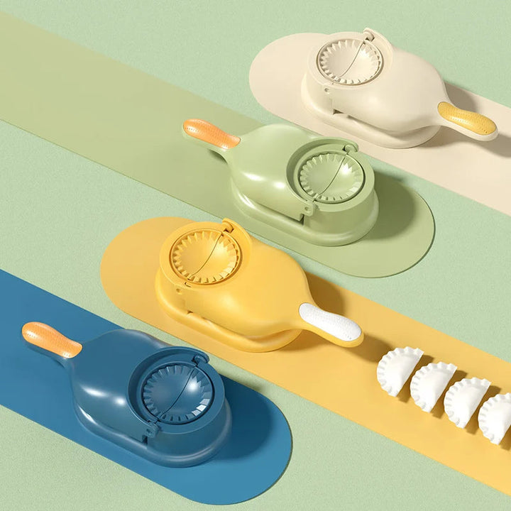 "2-i-1 dumplingsmaskin manuell tortilla press, beige plast, ergonomiskt handtag för enkel dumplings- och tortillasformning."