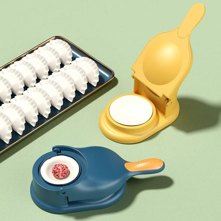"2-i-1 dumplingsmaskin manuell tortilla press, beige plast, ergonomiskt handtag för enkel dumplings- och tortillasformning."