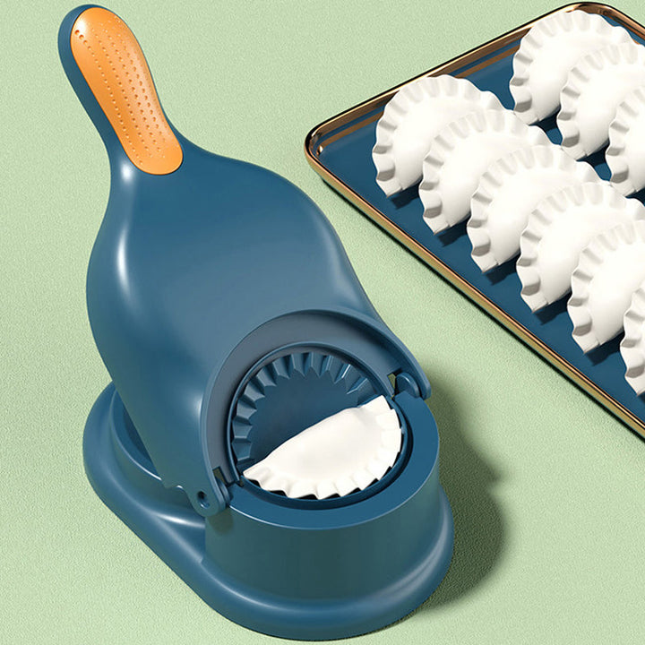"2-i-1 dumplingsmaskin manuell tortilla press, beige plast, ergonomiskt handtag för enkel dumplings- och tortillasformning."