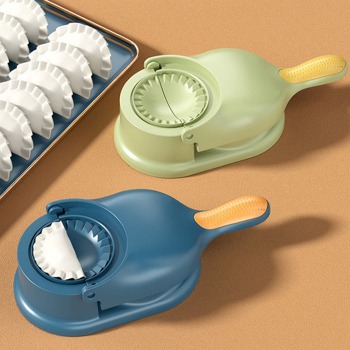 "2-i-1 dumplingsmaskin manuell tortilla press, beige plast, ergonomiskt handtag för enkel dumplings- och tortillasformning."