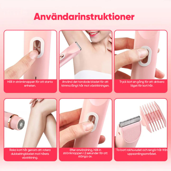 "2-i-1 elektrisk rakapparat för kvinnor i rosa, multifunktionell design, hudvänlig trimmer för bikinilinjen, vattentät"