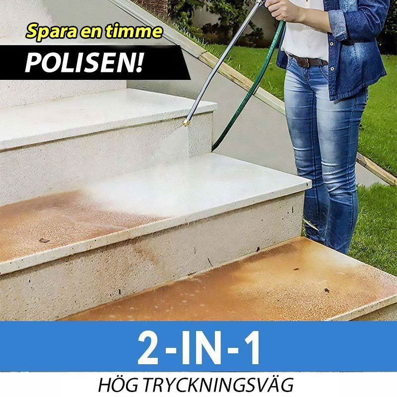 "2-i-1 högtryckstvätt för trädgård och bil, mångsidig, lättanvänd, justerbara munstycken, effektiv rengöring på alla ytor."