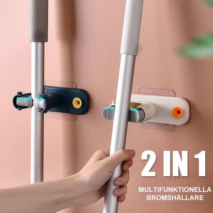 "2 i 1 kvasthållare i beige, elegant krokar och klämmor, praktisk för hem och trädgård, enkel installation, halksäker."