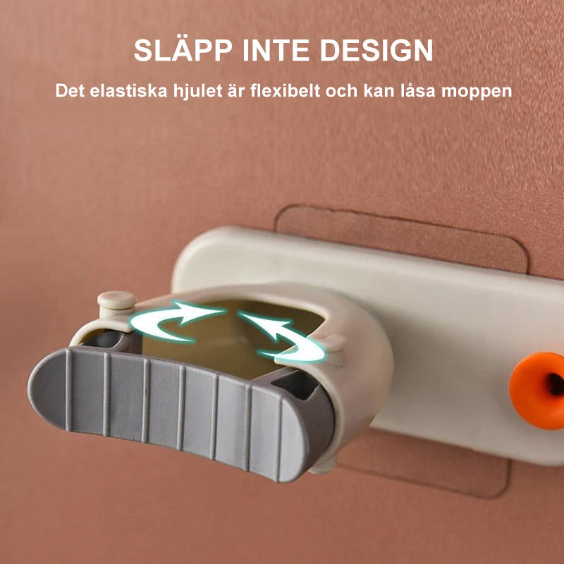 "2 i 1 kvasthållare i beige, elegant krokar och klämmor, praktisk för hem och trädgård, enkel installation, halksäker."