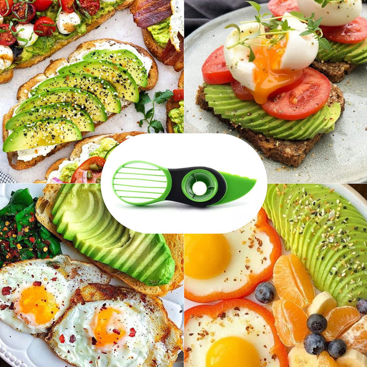 "3-i-1 avokadoskärare i plast och rostfritt stål, grön/vit, för att skala och skiva avokado i köket."