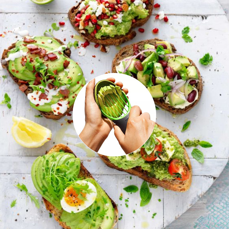 "3-i-1 avokadoskärare i plast och rostfritt stål, grön/vit, för att skala och skiva avokado i köket."