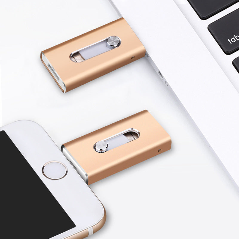 "3-i-1 flashenhet i polerad aluminium, kompatibel med iOS/Android/PC, elegant och funktionell design."