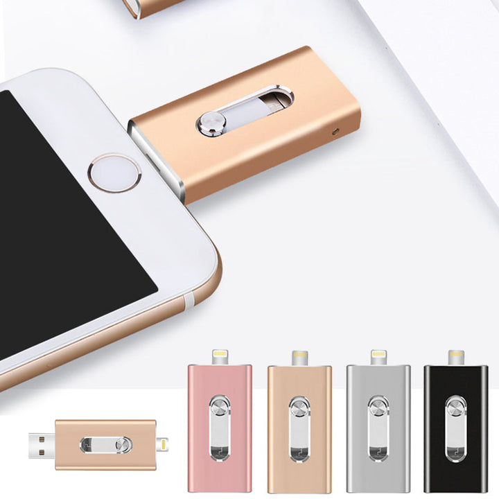 "3-i-1 flashenhet i polerad aluminium, kompatibel med iOS/Android/PC, elegant och funktionell design."