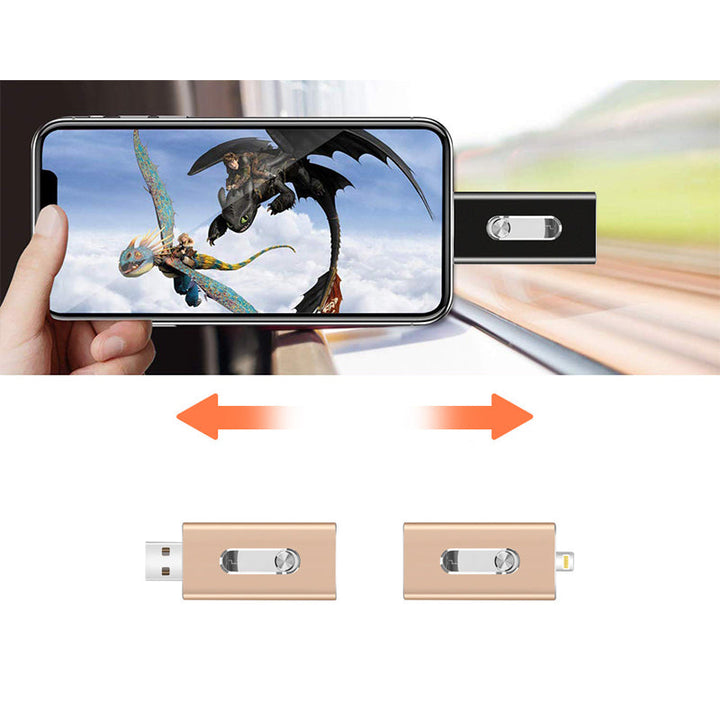 "3-i-1 flashenhet i polerad aluminium, kompatibel med iOS/Android/PC, elegant och funktionell design."