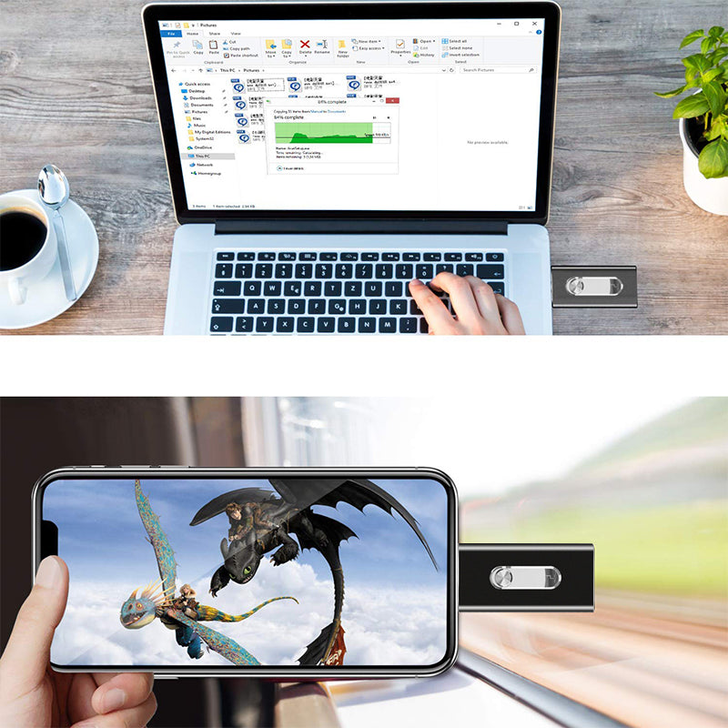 "3-i-1 flashenhet i polerad aluminium, kompatibel med iOS/Android/PC, elegant och funktionell design."