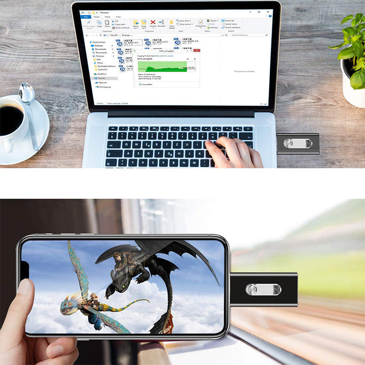 "3-i-1 flashenhet i polerad aluminium, kompatibel med iOS/Android/PC, elegant och funktionell design."