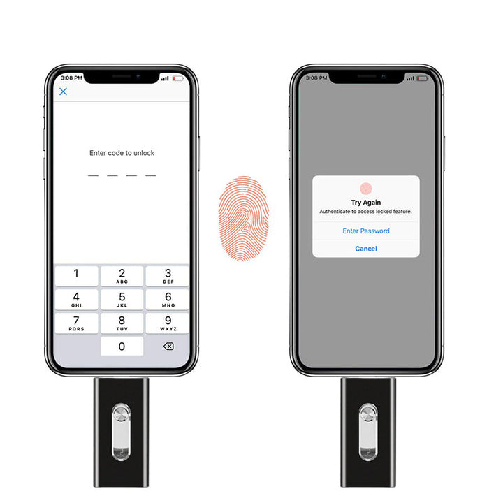 "3-i-1 flashenhet i polerad aluminium, kompatibel med iOS/Android/PC, elegant och funktionell design."