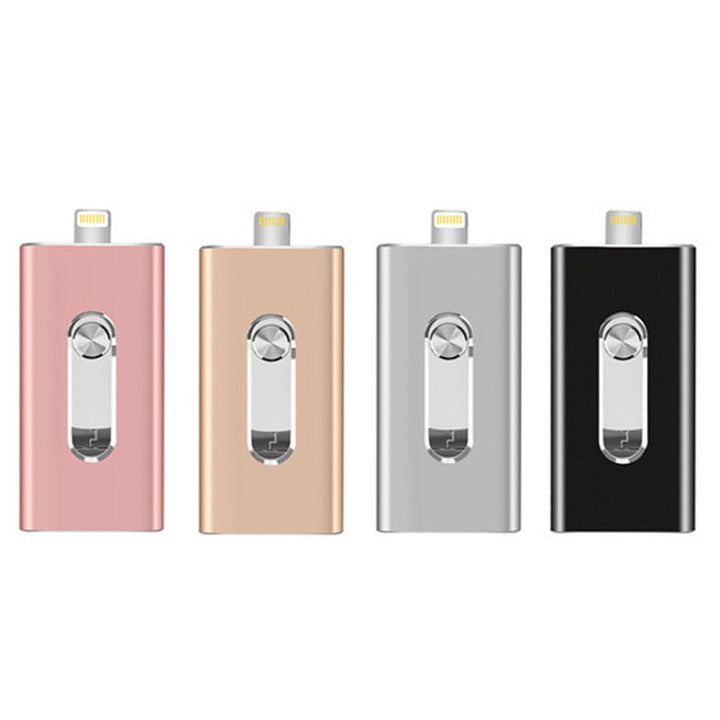"3-i-1 flashenhet i polerad aluminium, kompatibel med iOS/Android/PC, elegant och funktionell design."
