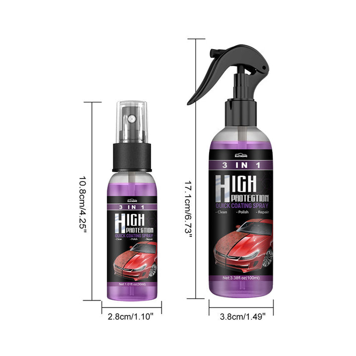 "3 i 1 högeffektskyddsspray för bilvård i klar flaska, vattenfri rengöring med glansig yta, 100ml storlek"