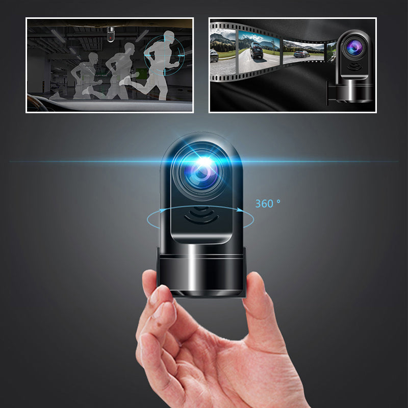 "360° ADAS dashcam med 1080P HD, kompakt design, nattläge och svart finish, perfekt för säker bilkörning."