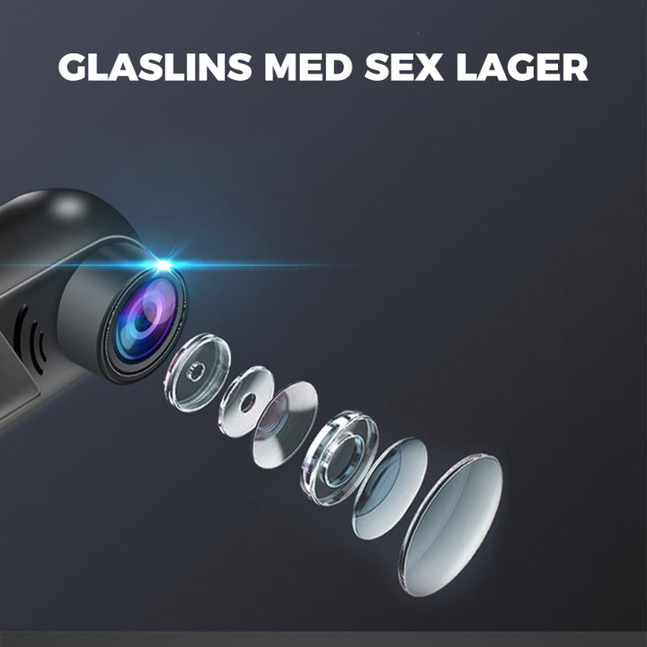 "360° ADAS dashcam med 1080P HD, kompakt design, nattläge och svart finish, perfekt för säker bilkörning."