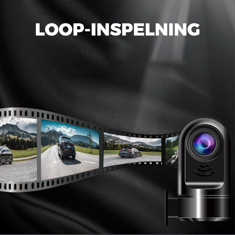 "360° ADAS dashcam med 1080P HD, kompakt design, nattläge och svart finish, perfekt för säker bilkörning."