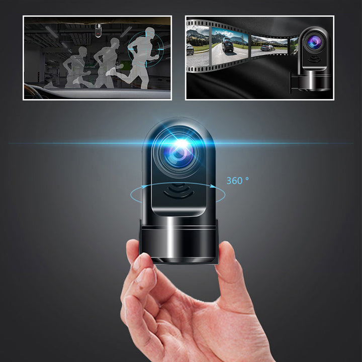 "360° ADAS dashcam med 1080P HD, kompakt design, nattläge och svart finish, perfekt för säker bilkörning."
