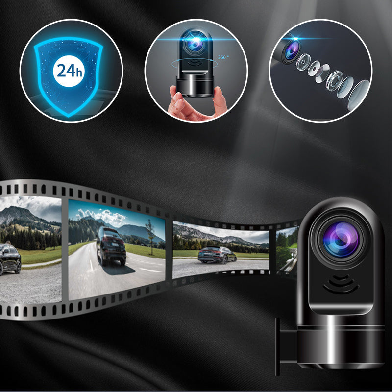 "360° ADAS dashcam med 1080P HD, kompakt design, nattläge och svart finish, perfekt för säker bilkörning."
