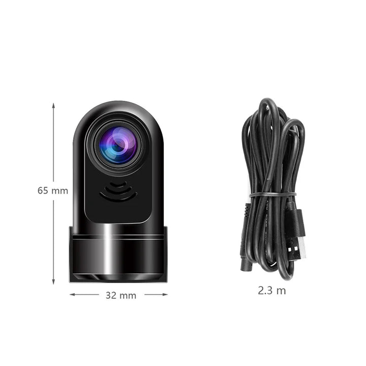 "360° ADAS dashcam med 1080P HD, kompakt design, nattläge och svart finish, perfekt för säker bilkörning."