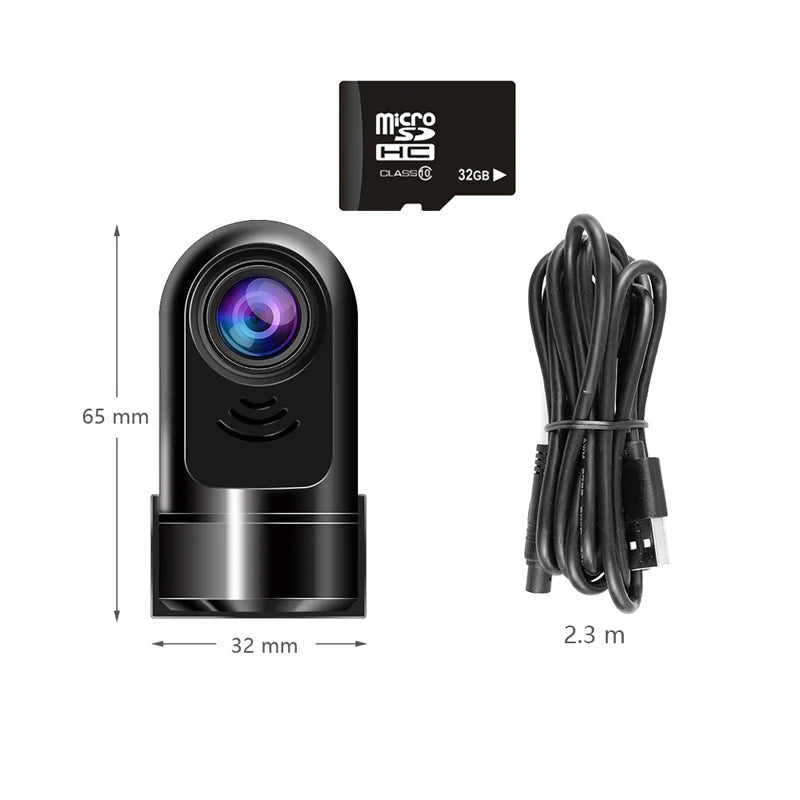 "360° ADAS dashcam med 1080P HD, kompakt design, nattläge och svart finish, perfekt för säker bilkörning."