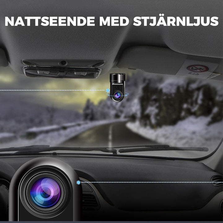 "360° ADAS dashcam med 1080P HD, kompakt design, nattläge och svart finish, perfekt för säker bilkörning."