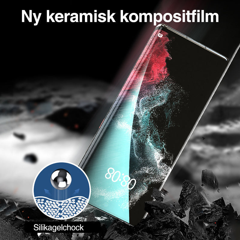 "3D-böjd hybridglas skärmskyddsfilm och återanvändbar installationslåda för Galaxy S23 Ultra skärmskydd."